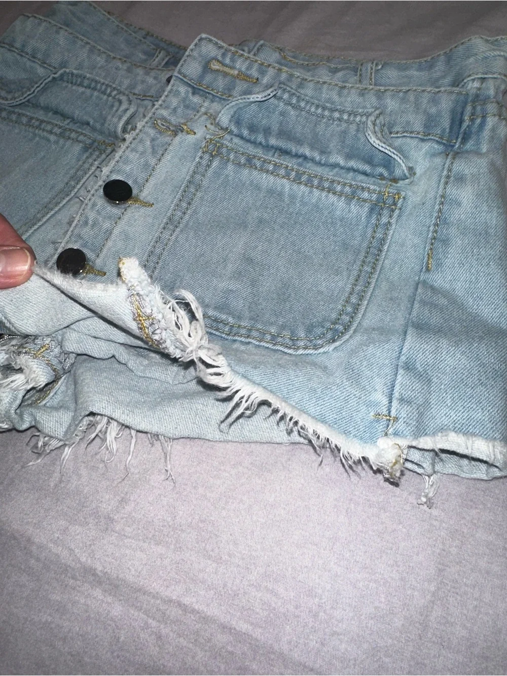 Button-Front Light Blue Denim Short Shorts with Frayed Hem